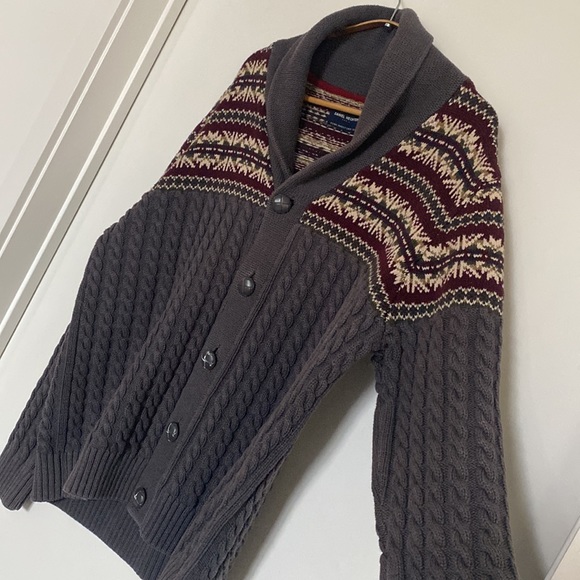 Daniel Hechter Grandpa Cardigan Men L Grey Red Cable Knit FairIsles Shawl Collar - Picture 4 of 15